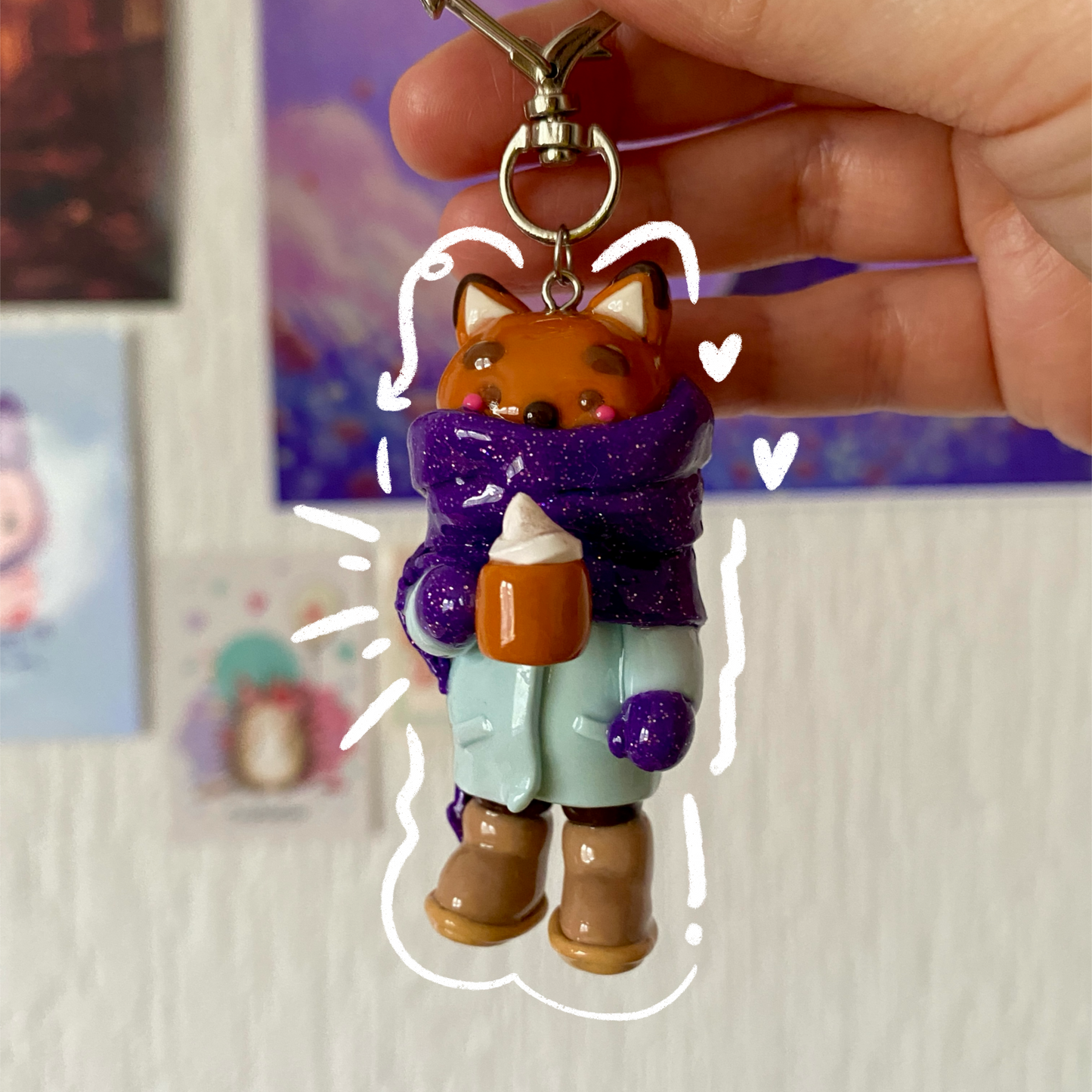 Cute Fox with a Coat and Pumpkin Latte | Handmade Keychain