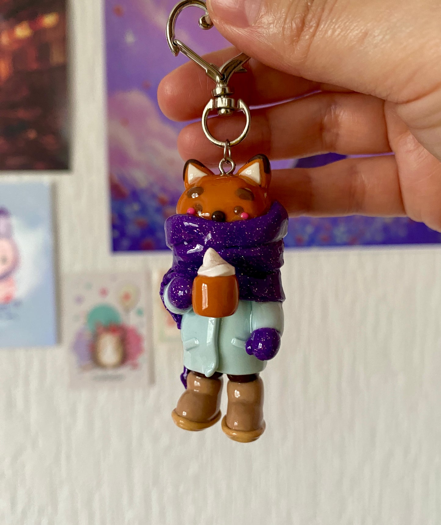 Cute Fox with a Coat and Pumpkin Latte | Handmade Keychain